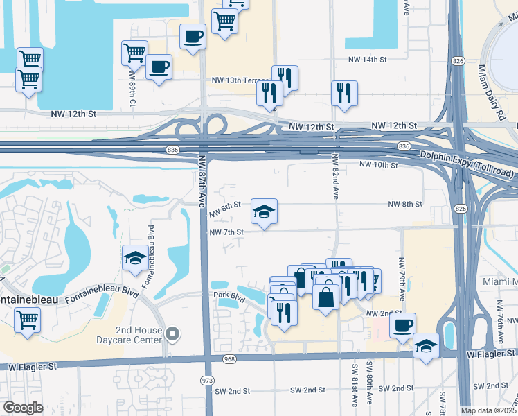 map of restaurants, bars, coffee shops, grocery stores, and more near 8412 Northwest 8th Street in Miami
