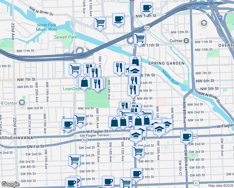 map of restaurants, bars, coffee shops, grocery stores, and more near 1321 Northwest 4th Street in Miami