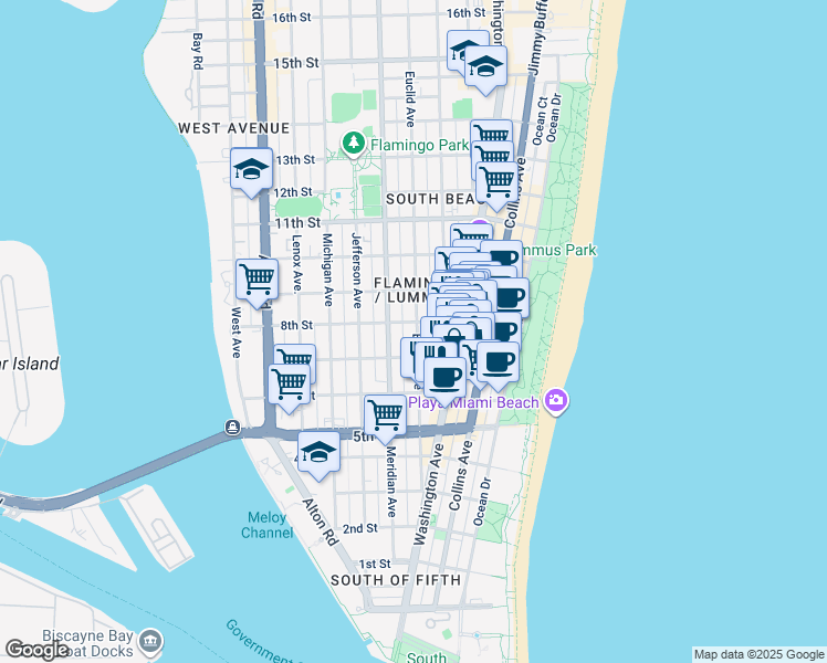 map of restaurants, bars, coffee shops, grocery stores, and more near 719 Euclid Avenue in Miami Beach