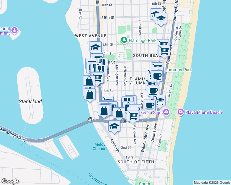 map of restaurants, bars, coffee shops, grocery stores, and more near 725 Lenox Avenue in Miami Beach