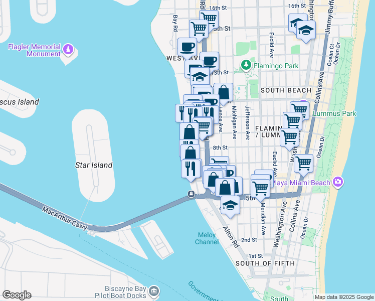 map of restaurants, bars, coffee shops, grocery stores, and more near in Miami Beach