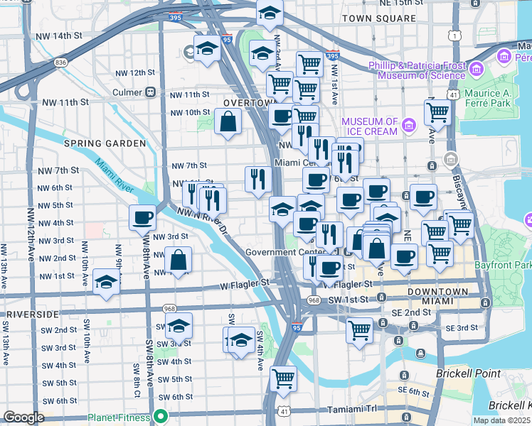 map of restaurants, bars, coffee shops, grocery stores, and more near 350 Northwest 4th Avenue in Miami