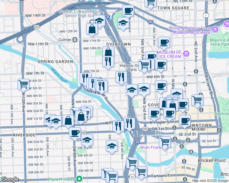 map of restaurants, bars, coffee shops, grocery stores, and more near 444 Northwest 4th Street in Miami