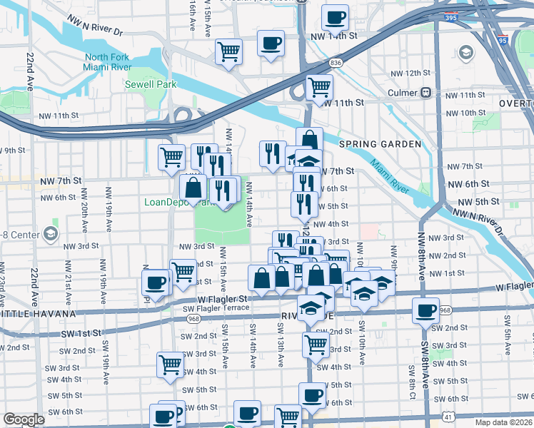 map of restaurants, bars, coffee shops, grocery stores, and more near 1321 Northwest 4th Street in Miami
