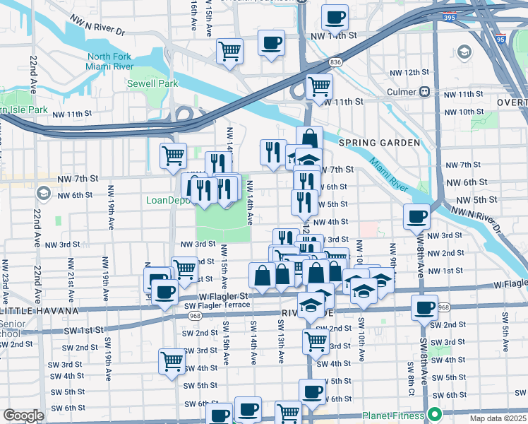map of restaurants, bars, coffee shops, grocery stores, and more near 1321 Northwest 4th Street in Miami