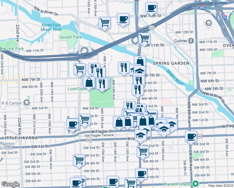 map of restaurants, bars, coffee shops, grocery stores, and more near 1321 Northwest 4th Street in Miami