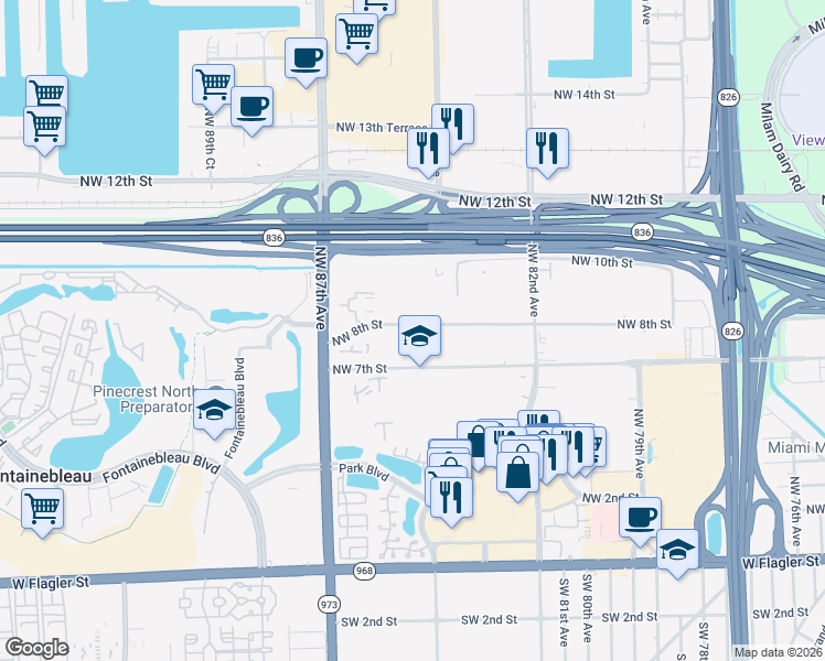 map of restaurants, bars, coffee shops, grocery stores, and more near 8412 Northwest 8th Street in Miami
