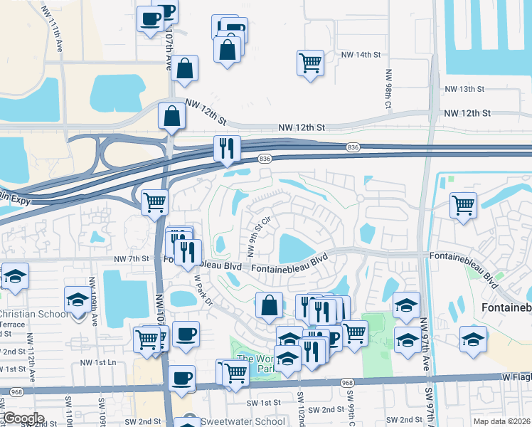 map of restaurants, bars, coffee shops, grocery stores, and more near 10288 Northwest 9th Street Circle in Miami