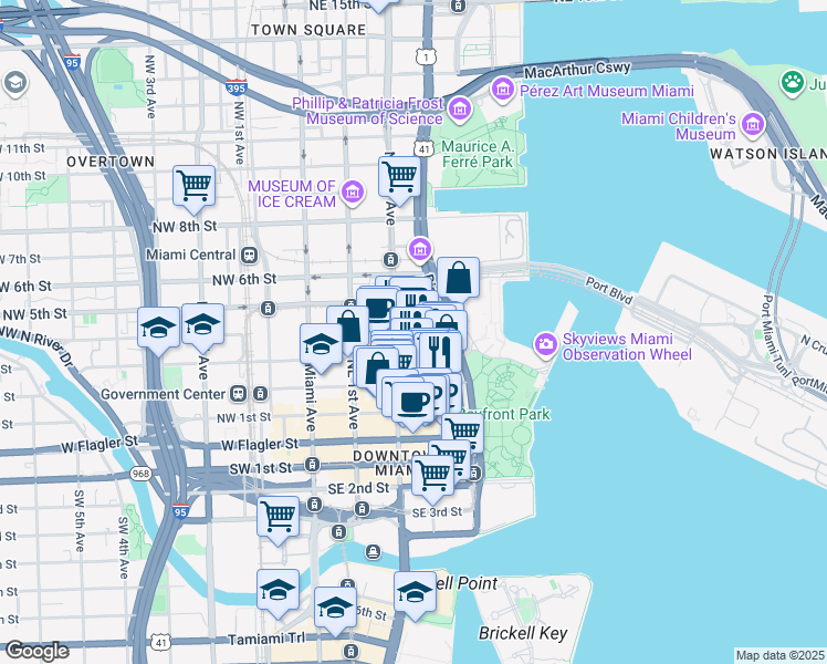 map of restaurants, bars, coffee shops, grocery stores, and more near 404 Northeast 2nd Avenue in Miami