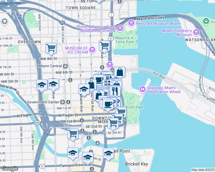 map of restaurants, bars, coffee shops, grocery stores, and more near 230 Northeast 4th Street in Miami