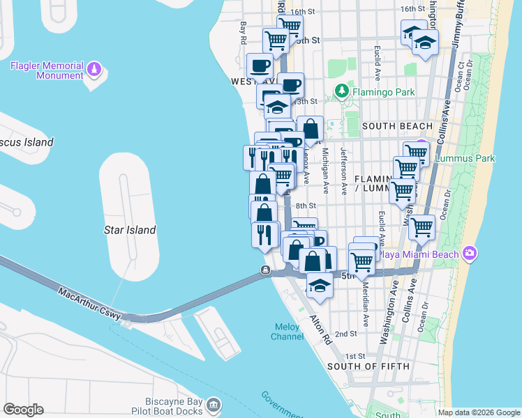 map of restaurants, bars, coffee shops, grocery stores, and more near in Miami Beach