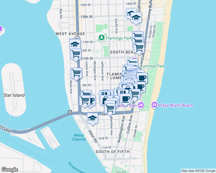 map of restaurants, bars, coffee shops, grocery stores, and more near 719 Meridian Avenue in Miami Beach