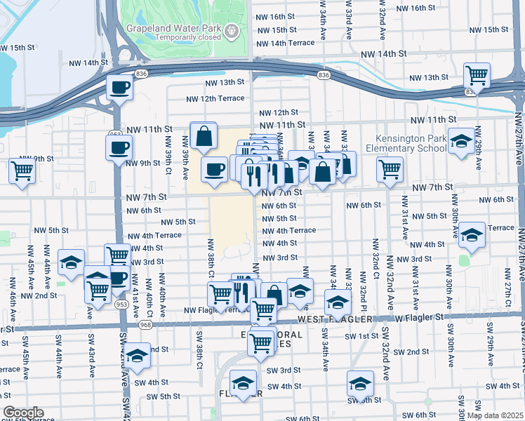 map of restaurants, bars, coffee shops, grocery stores, and more near 3652 Northwest 5th Street in Miami