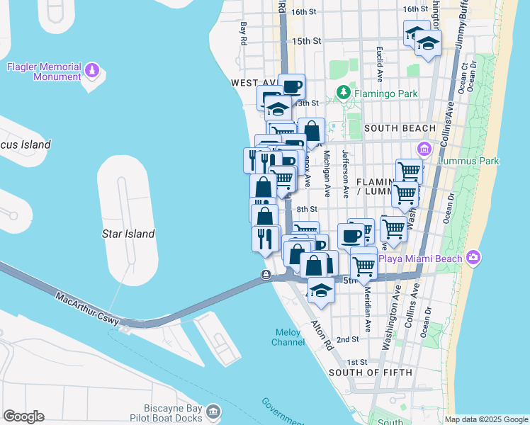 map of restaurants, bars, coffee shops, grocery stores, and more near 800 Alton Road in Miami Beach