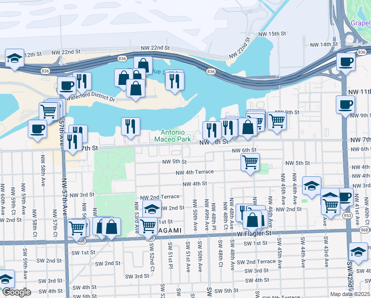 map of restaurants, bars, coffee shops, grocery stores, and more near 5117 Northwest 5th Street in Miami