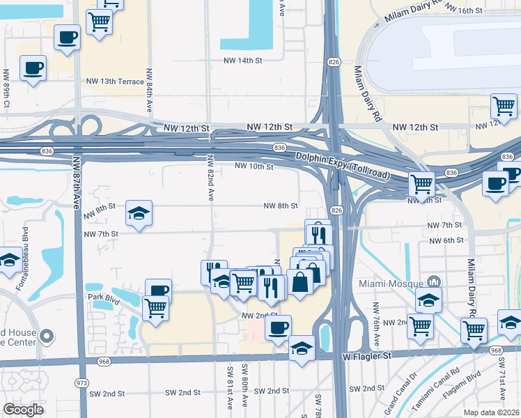 map of restaurants, bars, coffee shops, grocery stores, and more near 8025 Northwest 7th Street in Miami