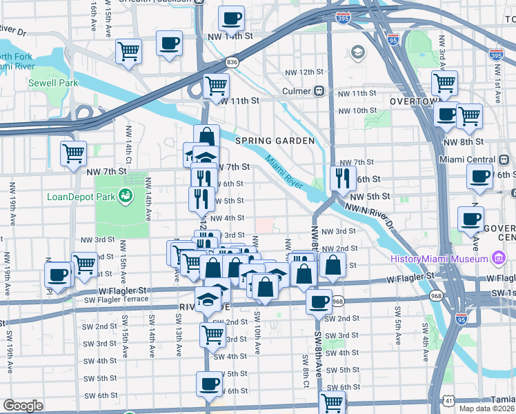 map of restaurants, bars, coffee shops, grocery stores, and more near 977 Northwest 4th Street in Miami