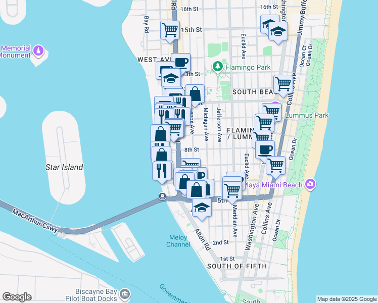 map of restaurants, bars, coffee shops, grocery stores, and more near in Miami Beach