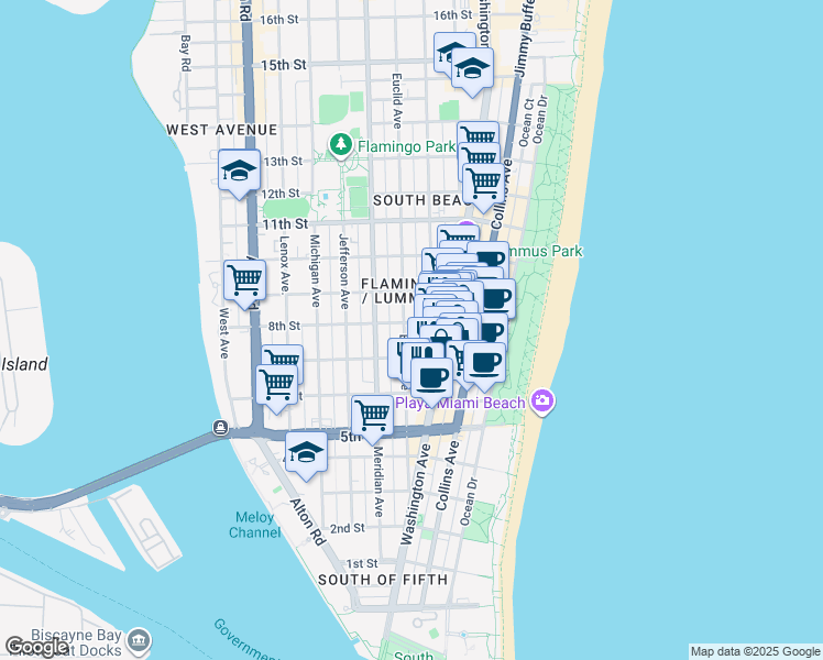 map of restaurants, bars, coffee shops, grocery stores, and more near 719 Euclid Avenue in Miami Beach
