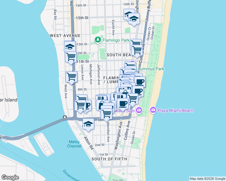 map of restaurants, bars, coffee shops, grocery stores, and more near 719 Meridian Avenue in Miami Beach