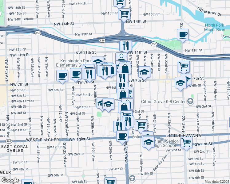 map of restaurants, bars, coffee shops, grocery stores, and more near 2739 Northwest 5th Street in Miami