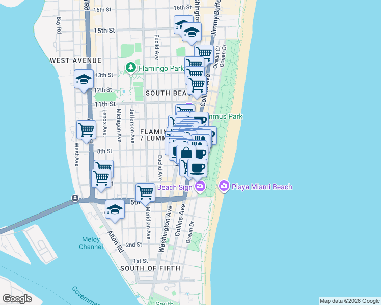 map of restaurants, bars, coffee shops, grocery stores, and more near in Miami Beach