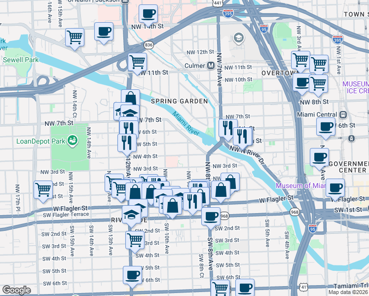 map of restaurants, bars, coffee shops, grocery stores, and more near in Miami
