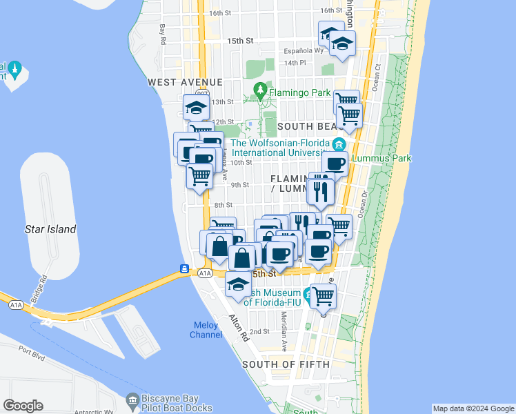 map of restaurants, bars, coffee shops, grocery stores, and more near 726 Jefferson Avenue in Miami Beach