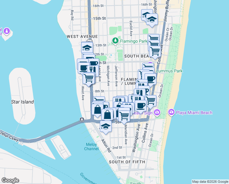 map of restaurants, bars, coffee shops, grocery stores, and more near 726 Jefferson Avenue in Miami Beach