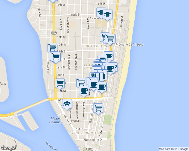 map of restaurants, bars, coffee shops, grocery stores, and more near 719 Euclid Avenue in Miami Beach