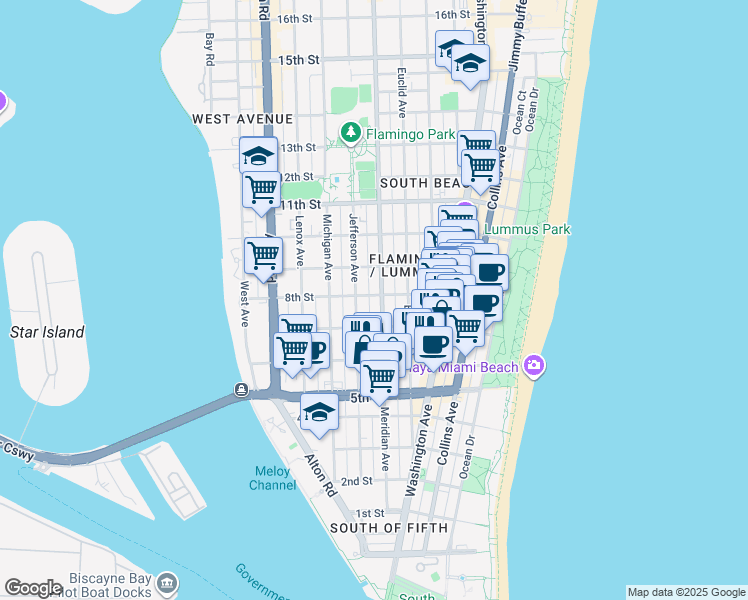 map of restaurants, bars, coffee shops, grocery stores, and more near 719 Meridian Avenue in Miami Beach