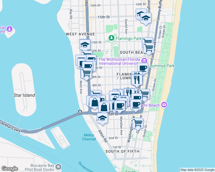 map of restaurants, bars, coffee shops, grocery stores, and more near 726 Jefferson Avenue in Miami Beach