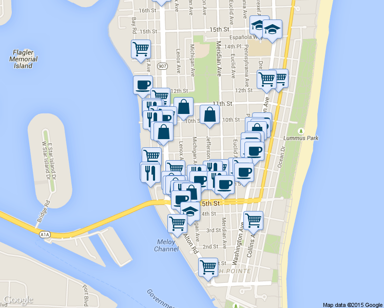 map of restaurants, bars, coffee shops, grocery stores, and more near 725 Lenox Avenue in Miami Beach