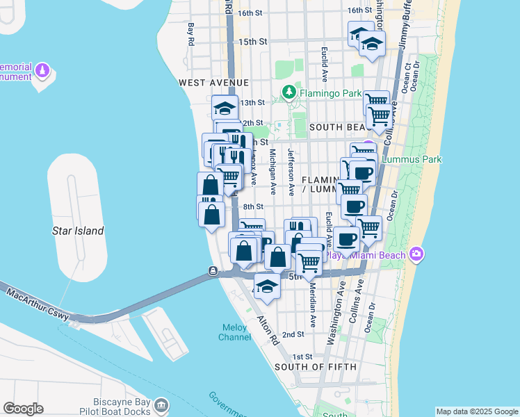 map of restaurants, bars, coffee shops, grocery stores, and more near 725 Lenox Avenue in Miami Beach