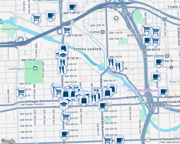 map of restaurants, bars, coffee shops, grocery stores, and more near in Miami