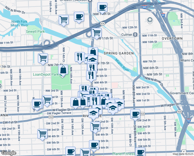 map of restaurants, bars, coffee shops, grocery stores, and more near 1151 Northwest 4th Street in Miami