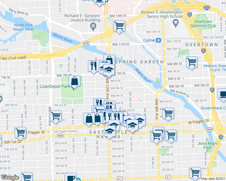 map of restaurants, bars, coffee shops, grocery stores, and more near 1151 Northwest 4th Street in Miami