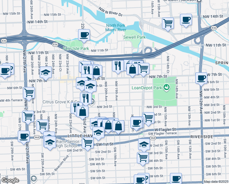 map of restaurants, bars, coffee shops, grocery stores, and more near 415 Northwest 20th Avenue in Miami