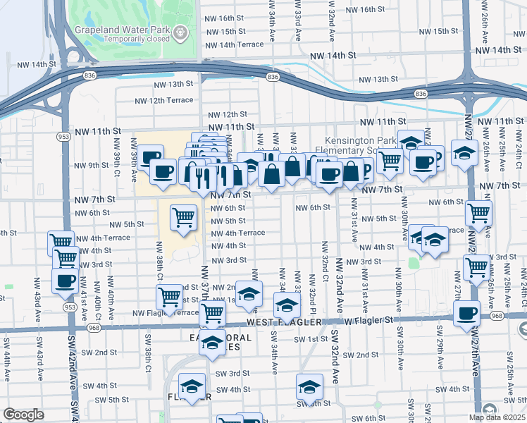 map of restaurants, bars, coffee shops, grocery stores, and more near 3428 Northwest 5th Street in Miami