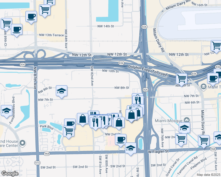 map of restaurants, bars, coffee shops, grocery stores, and more near 8075 Northwest 7th Street in Miami