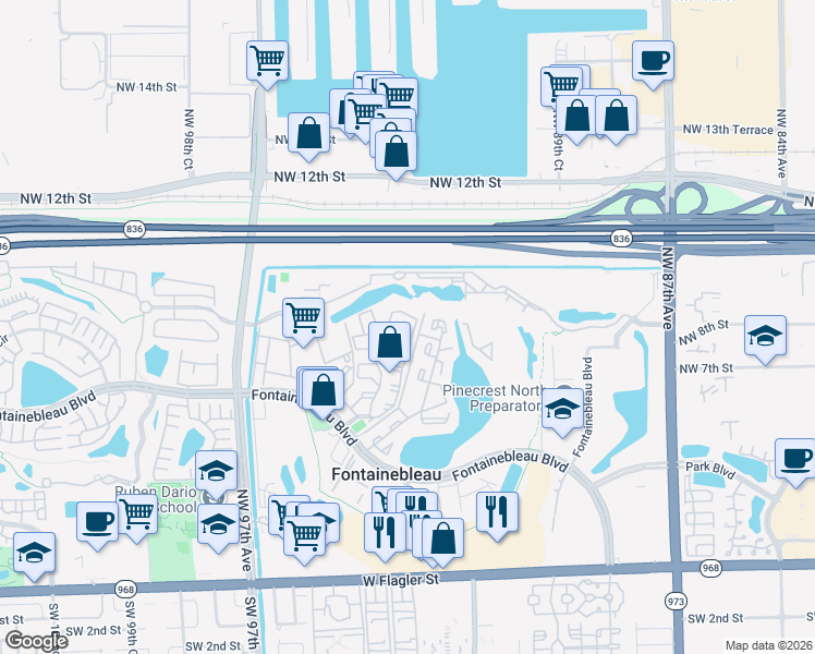map of restaurants, bars, coffee shops, grocery stores, and more near 9419 Fontainebleau Boulevard in Miami