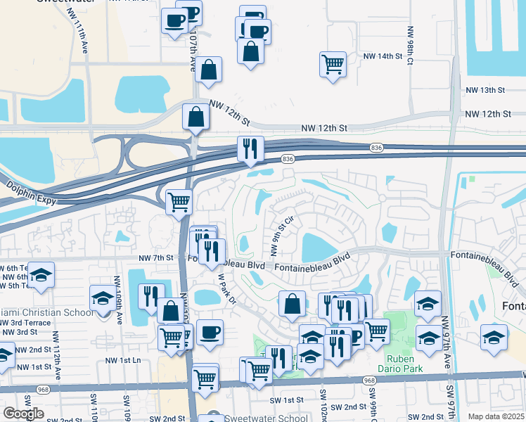 map of restaurants, bars, coffee shops, grocery stores, and more near 10303 Northwest 9th Street Circle in Miami