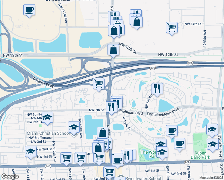 map of restaurants, bars, coffee shops, grocery stores, and more near 1013 Northwest 106th Avenue Circle in Miami