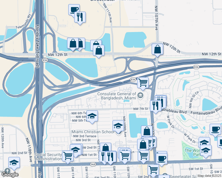 map of restaurants, bars, coffee shops, grocery stores, and more near 11153 Northwest 7th Street in Miami