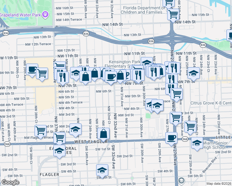map of restaurants, bars, coffee shops, grocery stores, and more near 3120 Northwest 5th Street in Miami