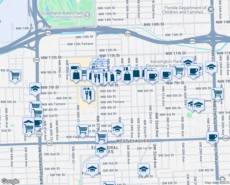 map of restaurants, bars, coffee shops, grocery stores, and more near 3502 Northwest 5th Street in Miami