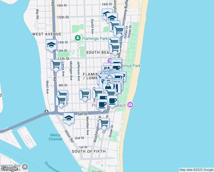 map of restaurants, bars, coffee shops, grocery stores, and more near in Miami Beach