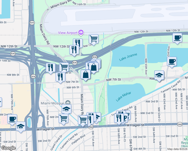 map of restaurants, bars, coffee shops, grocery stores, and more near 755 Northwest 72nd Avenue in Miami