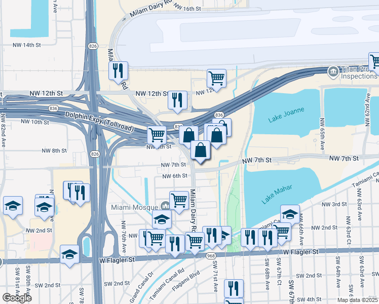 map of restaurants, bars, coffee shops, grocery stores, and more near 7298 Northwest 7th Street in Miami