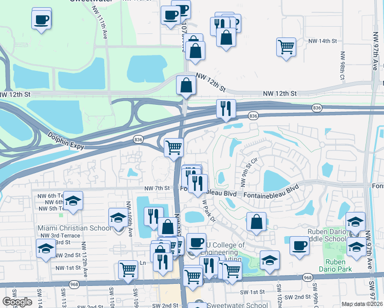 map of restaurants, bars, coffee shops, grocery stores, and more near 1013 Northwest 106th Avenue Circle in Miami